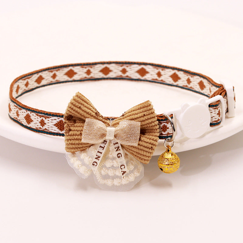 Brown Embroidered Lace Bow Collar with Bell