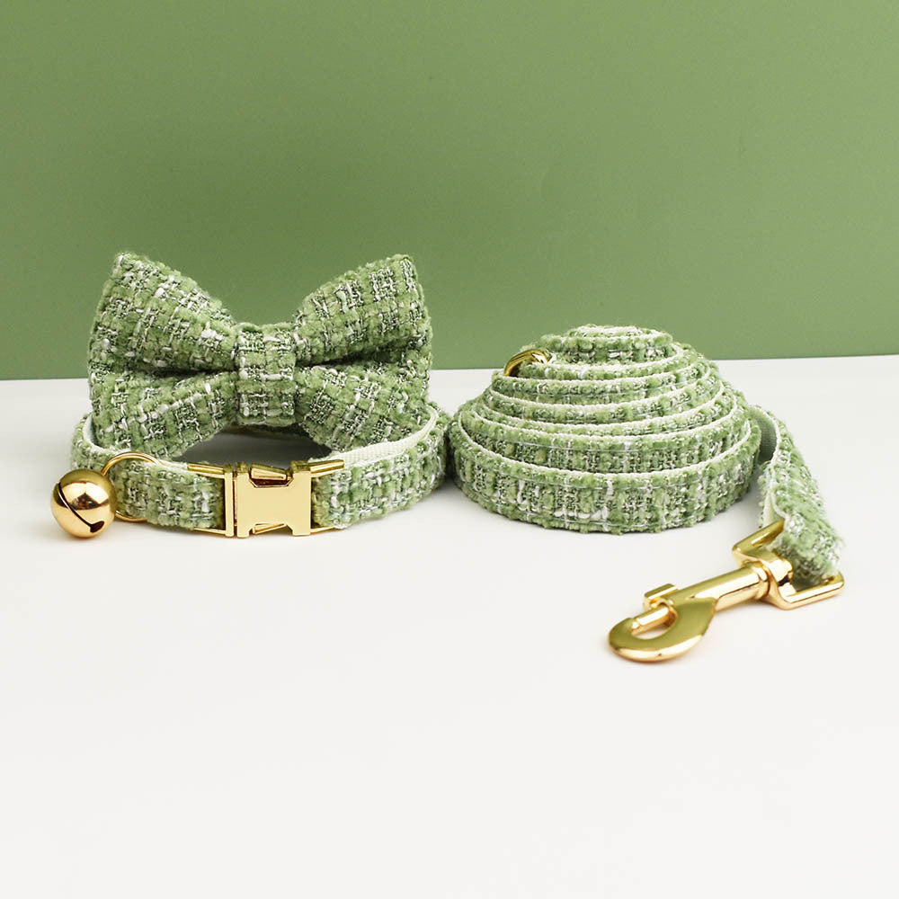 Luxury Soft Cotton Tweed Fabric Collar, Bow Tie and Leash Set