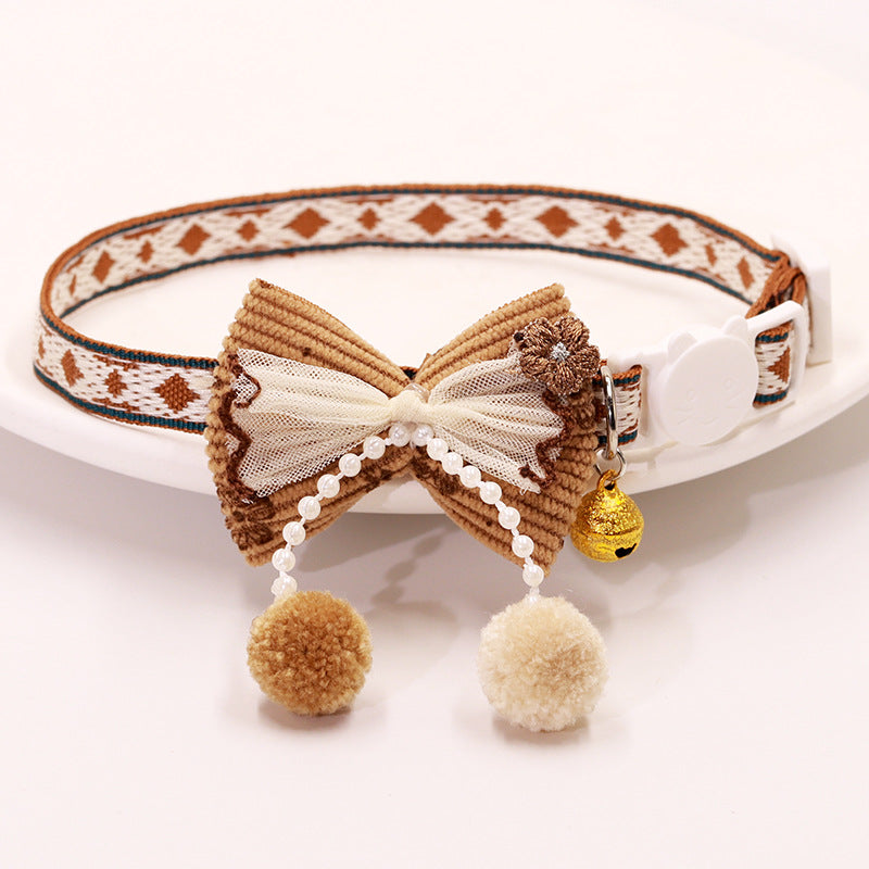 Brown Embroidered Lace Bow Collar with Bell