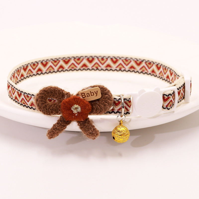 Brown Embroidered Lace Bow Collar with Bell