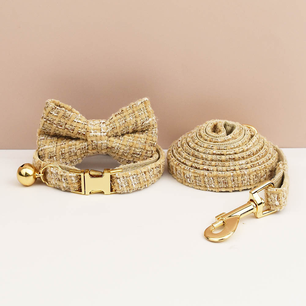 Luxury Soft Cotton Tweed Fabric Collar, Bow Tie and Leash Set