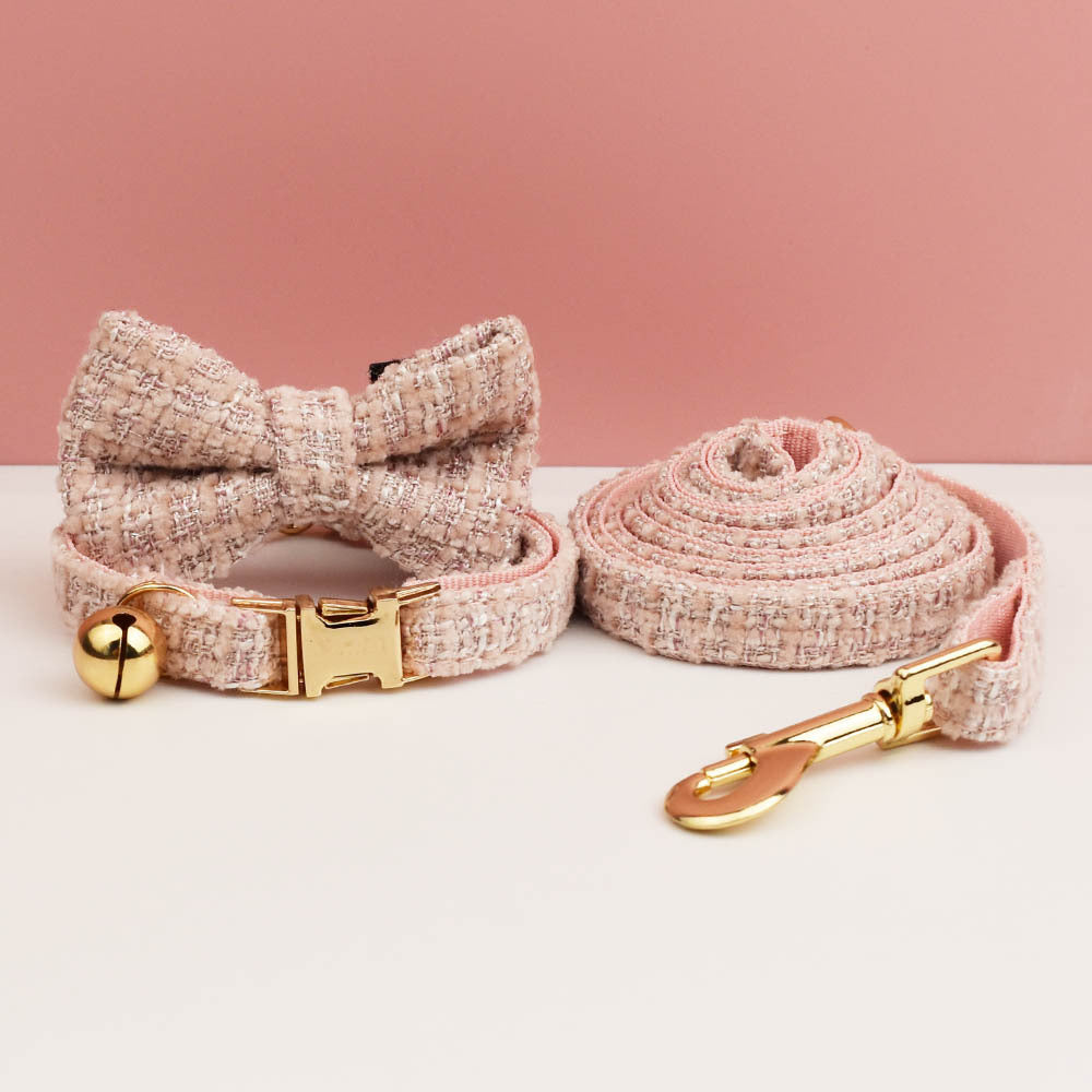 Luxury Soft Cotton Tweed Fabric Collar, Bow Tie and Leash Set