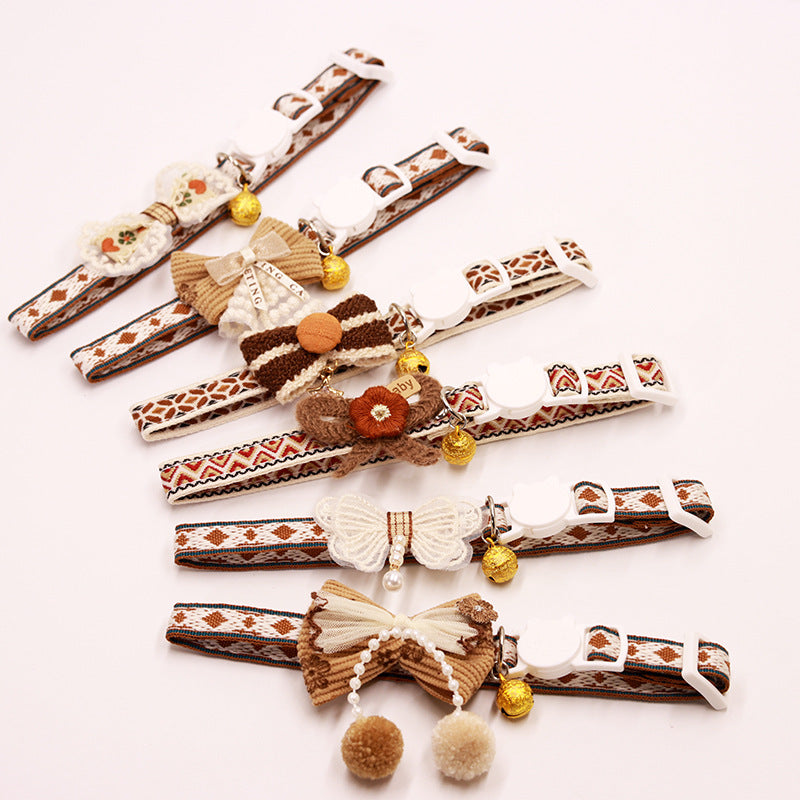 Brown Embroidered Lace Bow Collar with Bell
