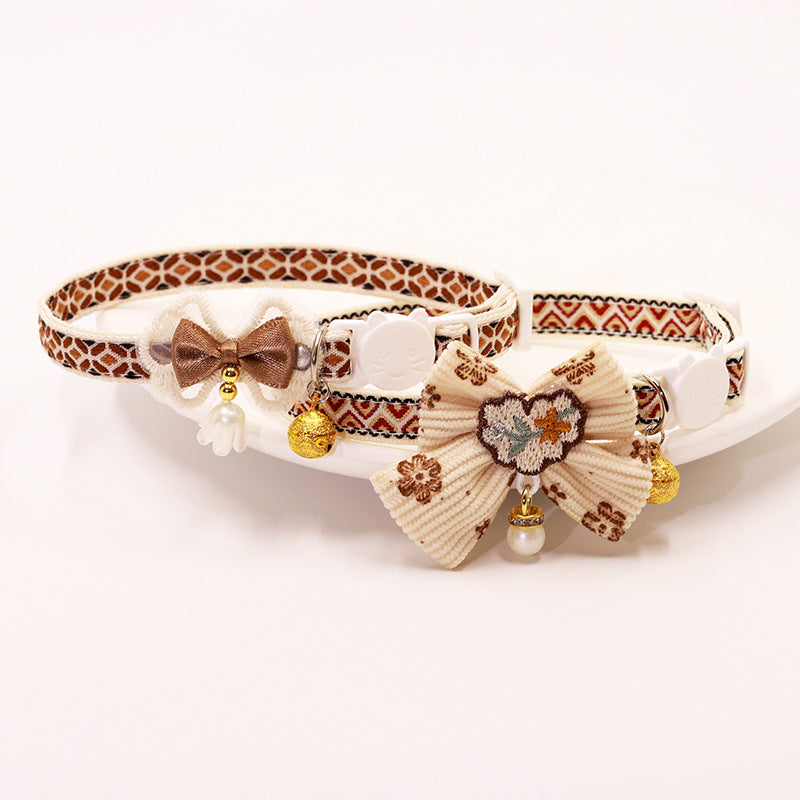 Brown Embroidered Lace Bow Collar with Bell