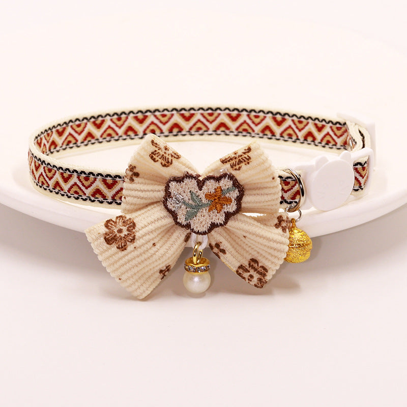 Brown Embroidered Lace Bow Collar with Bell