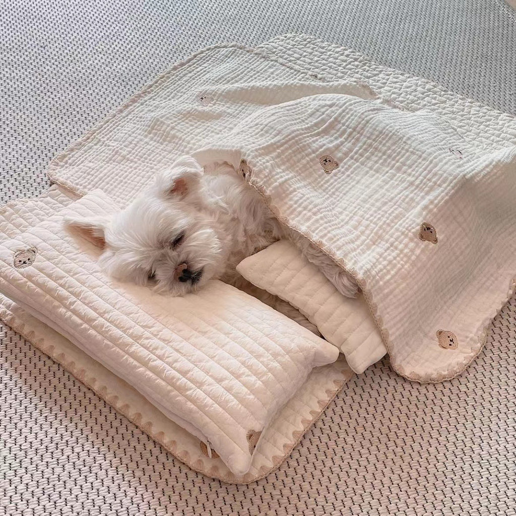 Cozy Embroidered Cotton Pet Pillow Quilt Bed Set