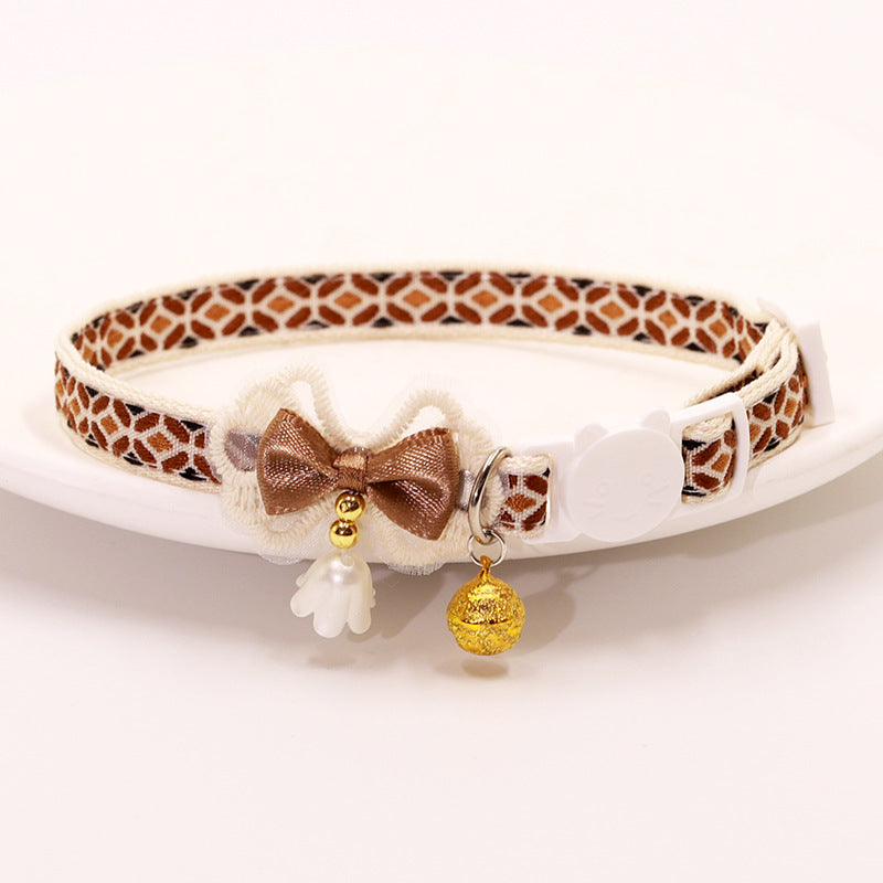 Brown Embroidered Lace Bow Collar with Bell