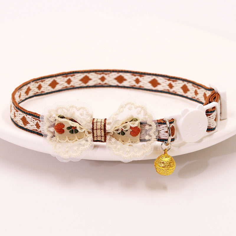 Brown Embroidered Lace Bow Collar with Bell