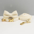 Luxury Soft Cotton Tweed Fabric Collar, Bow Tie and Leash Set