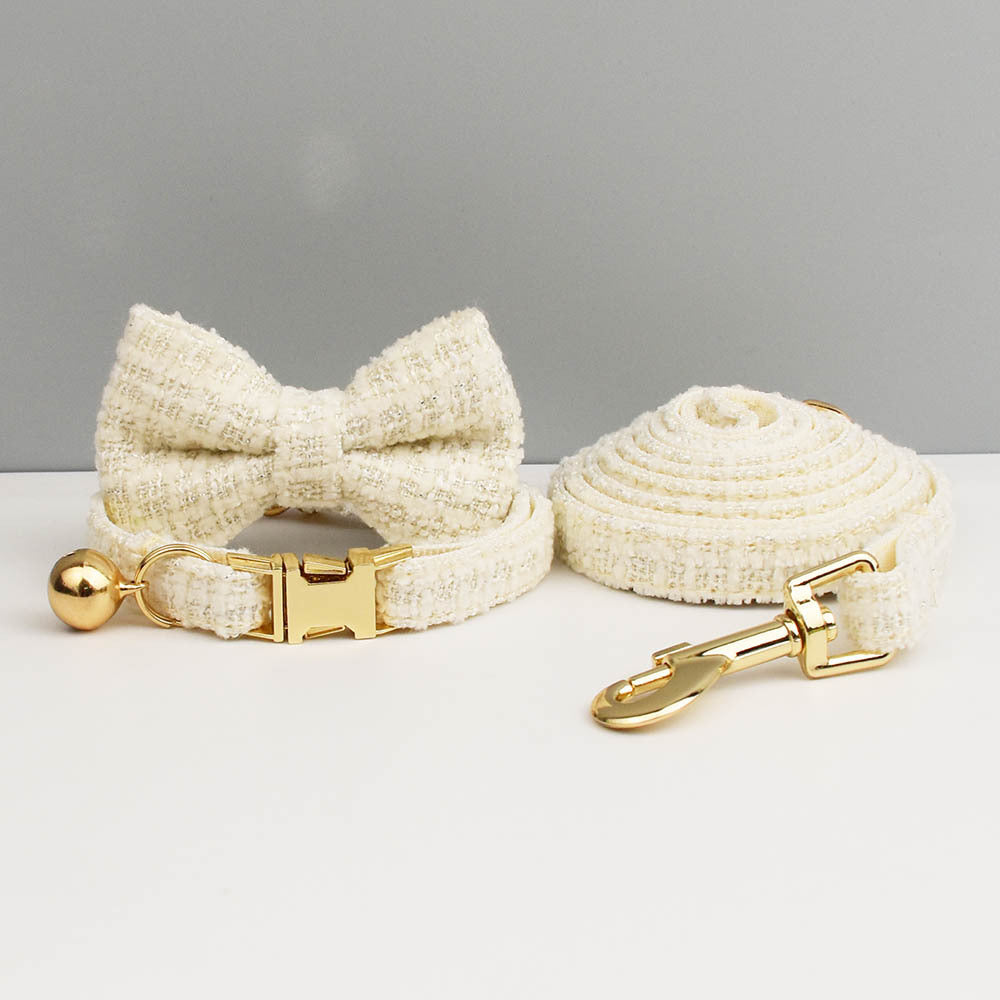 Luxury Soft Cotton Tweed Fabric Collar, Bow Tie and Leash Set
