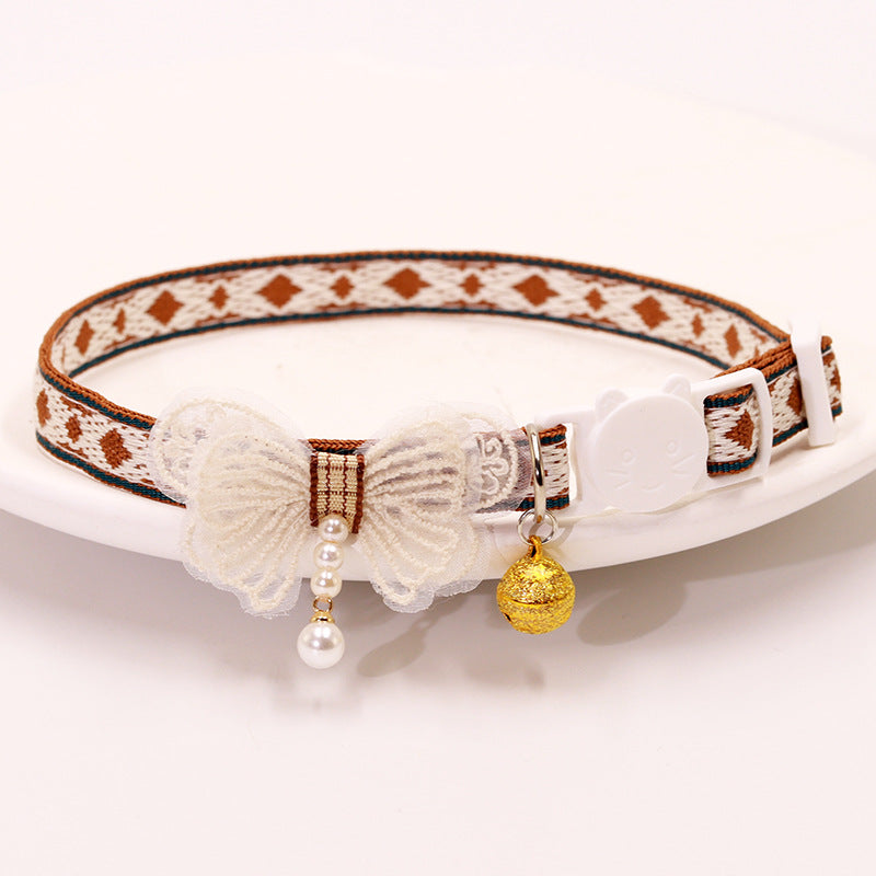 Brown Embroidered Lace Bow Collar with Bell